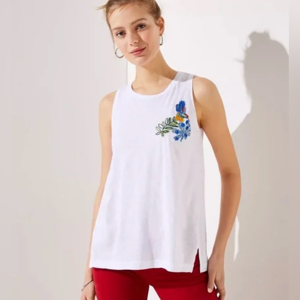 Loft White Embroidered Hummingbird Tank Top